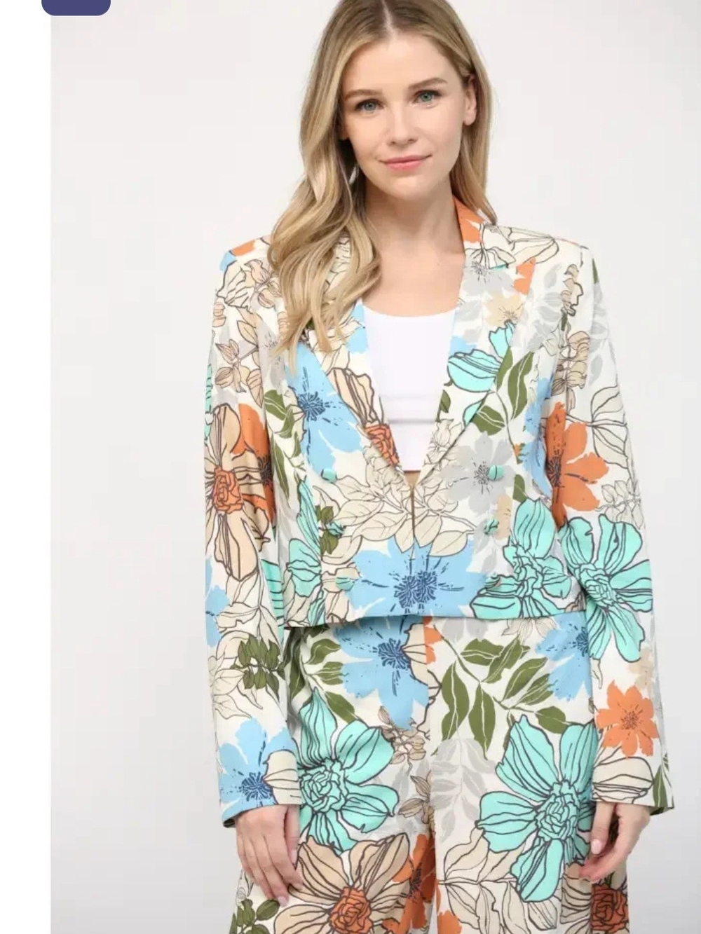Fate Cropped Floral Blazer in Blue, Teal, Orange, Green and Cream